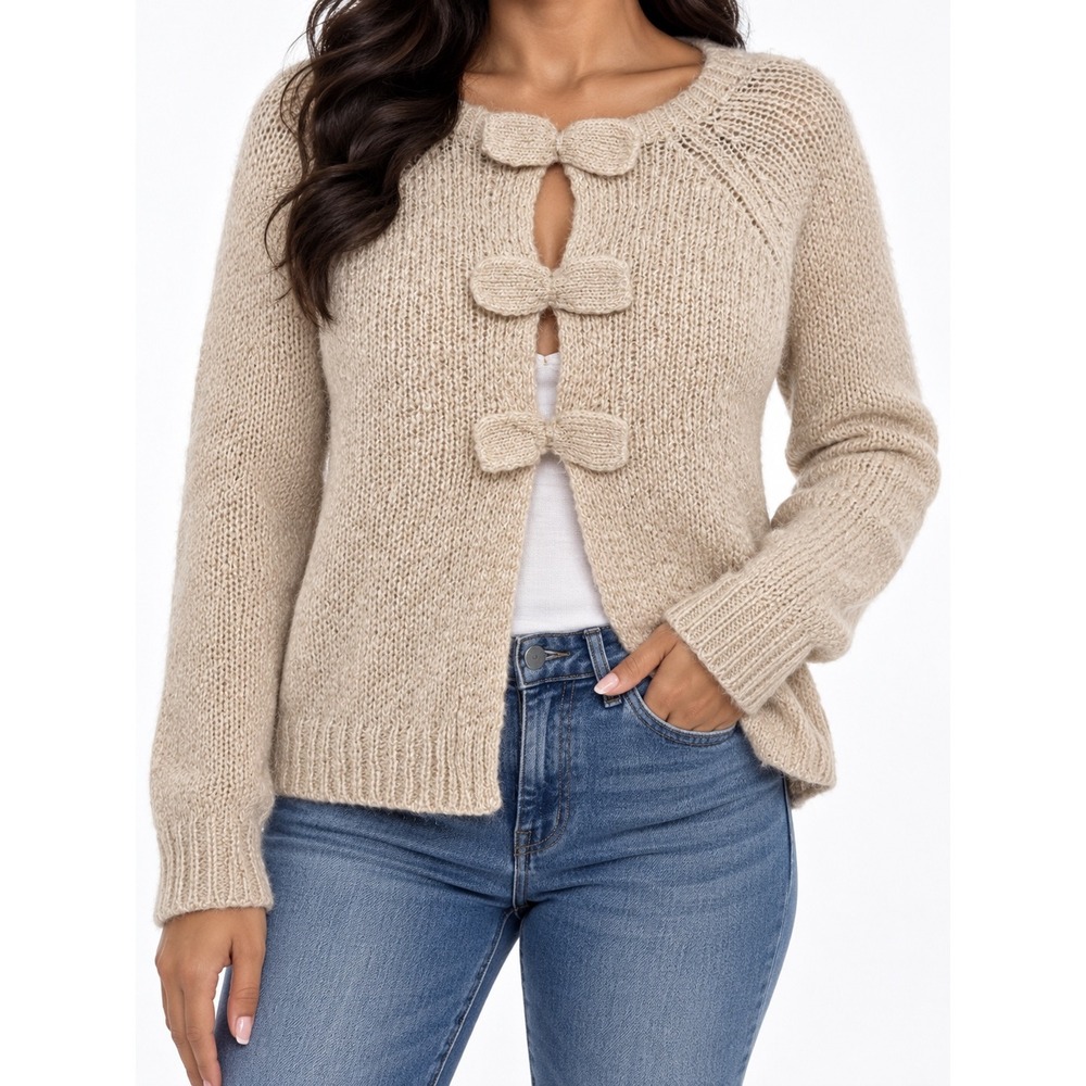 H&M Women Beige Mohair Wool Blend Bow Front Cardigan Sweater Size S